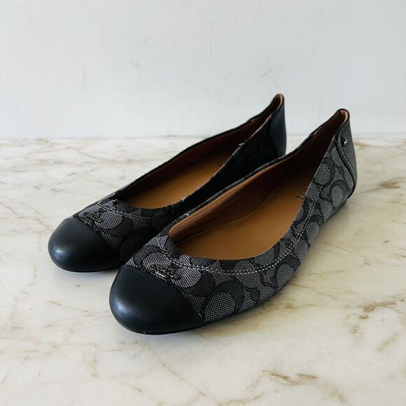 COACH Chelsea Black Gray Signature Canvas Logo Print Ballerina Flats - US 8.5 - Picture 1 of 10